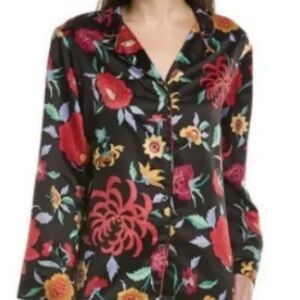 Natori Black  Vibrant Floral Print Satin Pijama TOP ONLY NWOT.